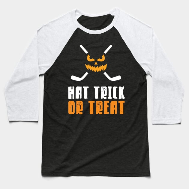 Hat Trick or Treat Hockey Halloween Baseball T-Shirt by PodDesignShop